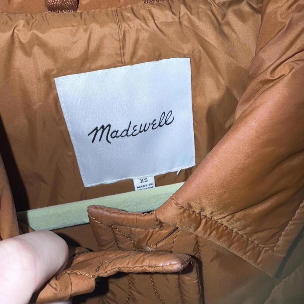 Madewell Airpuff Shirt-Jacket in the color Warm Coffee/Rust orange. - Picture 4 of 4
